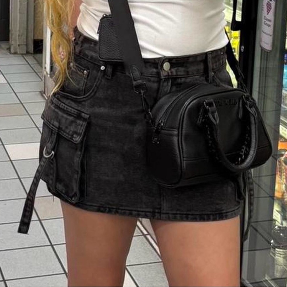 Black Denim Mini Skirt with Pockets